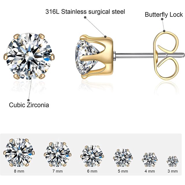 6 pares de aretes tipo botón, aretes de acero inoxidable 316l con circonita cúbica transparente para mujeres y hombres de 3 a 8 mm (oro)