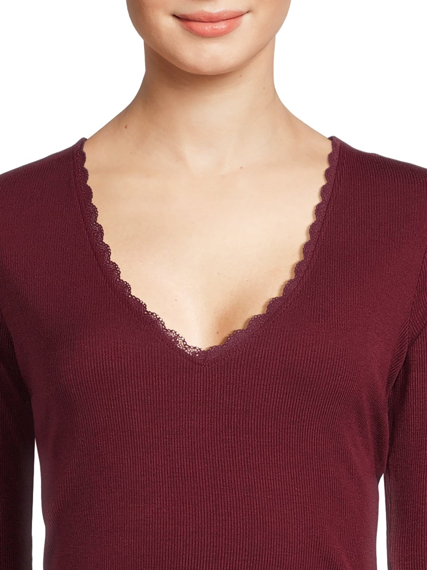 Self Esteem Juniors Lace Trim V-Neck Tee with Long Sleeves