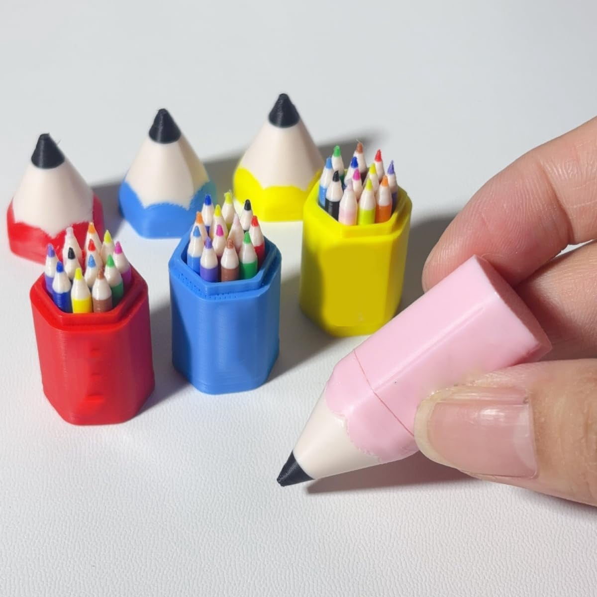 4 Set Mini Colored Pencil Set with Red Storage Case, Tiny Dollhouse Desk Accessories for Miniature Scenes, Realistic Micro Stationery for Doll Room Classroom DIY Craft Gift(wwx)