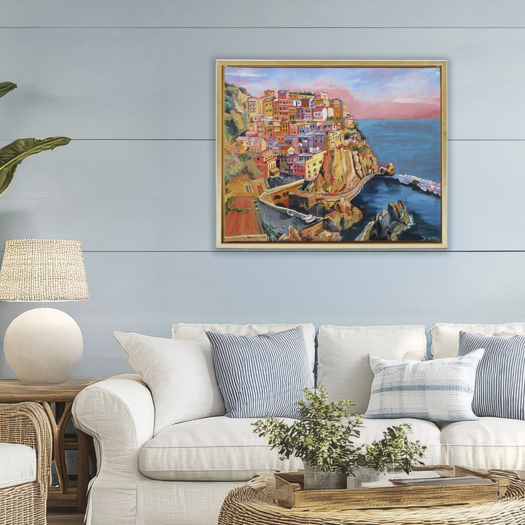 Stupell Industries Cinque Terre Seascape Architecture Gold Framed Floater Canvas Wall Art, design by Maxine Shore