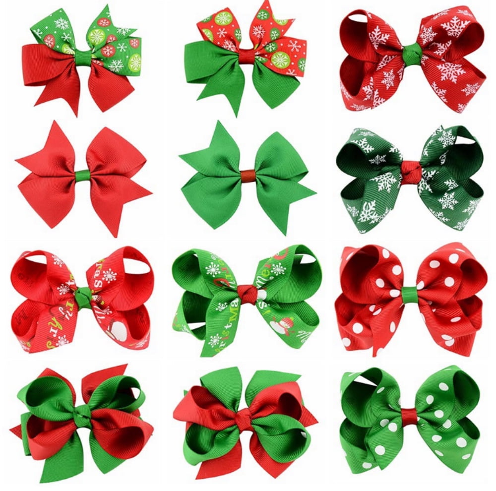 hair bows christmas ribbon girl accessories head clips green red puffy bow 