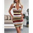 thumbnail image 4 of Women'S Summer Y2k Halter Dress Striped V Neck Open Back Collared Knit Bodycon Mini Dresses Army Green L, 4 of 9