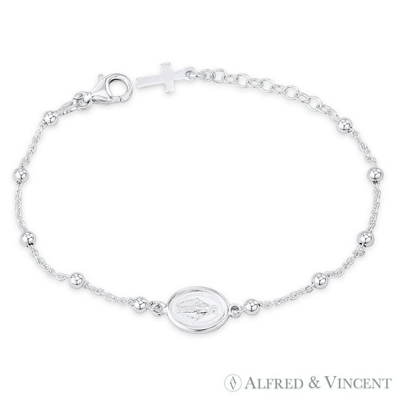 Holy Mother Mary Miraculous Medal, 3mm Ball Bead, & 1.3mm Rolo Chain Italian Charm Anklet in .925 Sterling Silver
