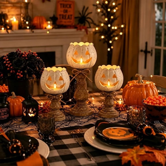 WWC White Pumpkin Candle Holder, Rustic Distressed Tealight Candle Holder with Wooden Vintage Pedestal, Halloween Decor for Party Mantel and Table