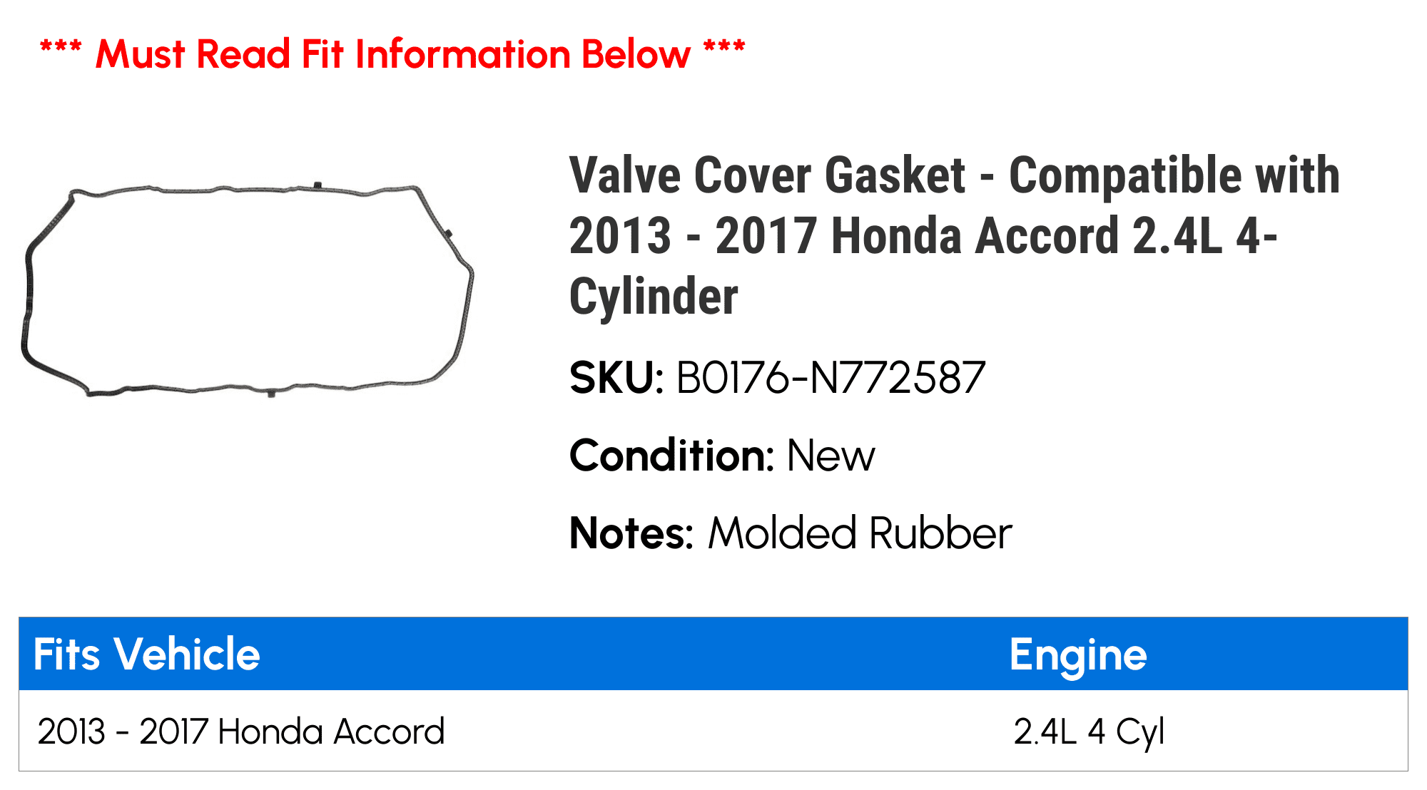 Valve Cover Gasket - Compatible with 2013 - 2017 Honda Accord 2.4L 4-Cylinder 2014 2015 2016