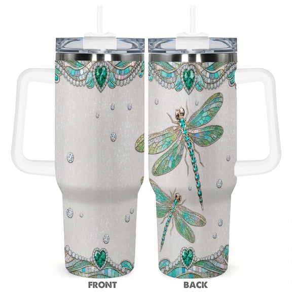 40oz Dragonfly Jewel Car Tumbler Insulated Travel Coffee Cup Large Capacity Stainless Steel Vacuum Travel Cup Elegant Gemstone Design Gift for Women Birthday Holiday