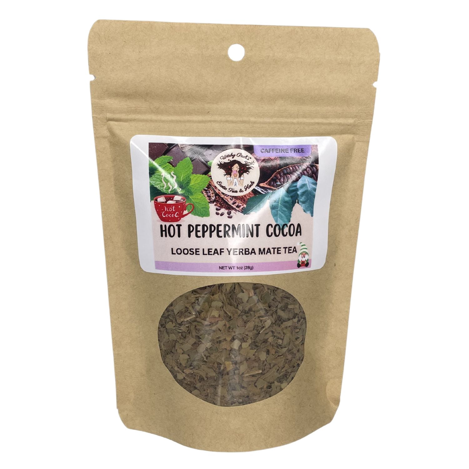 Witchy Pooh's Hot Peppermint Cocoa Tea - Loose Leaf Yerba Mate Herbal Dessert Tea, Caffeine Free, 1oz