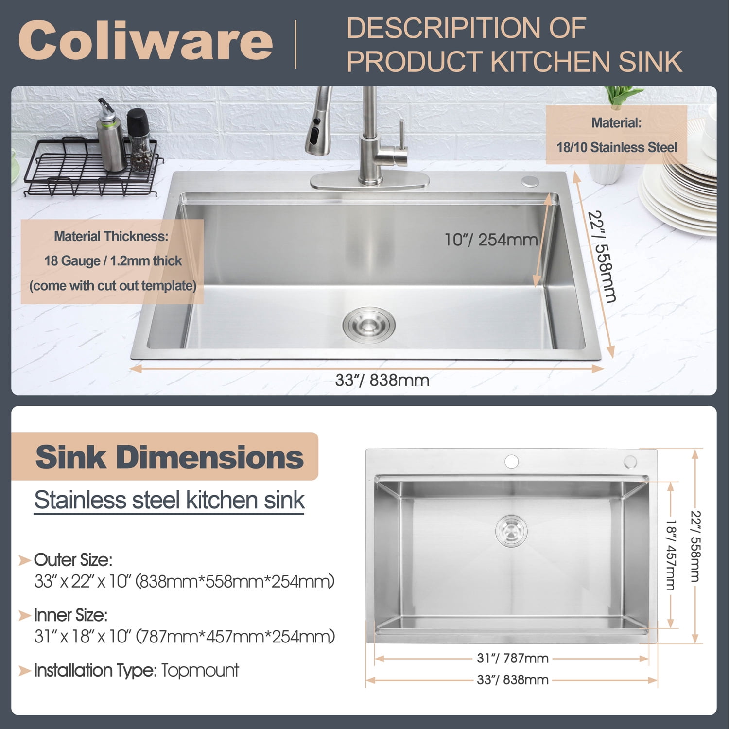Coliware 33"X22" Workstation Kitchen Sink, 10 Deep Drop in Stainless Steel Topmount Single Bowl 2-Hole R10 Tight Radius Large Kitchen Sinks with Kit of 5 Accessories