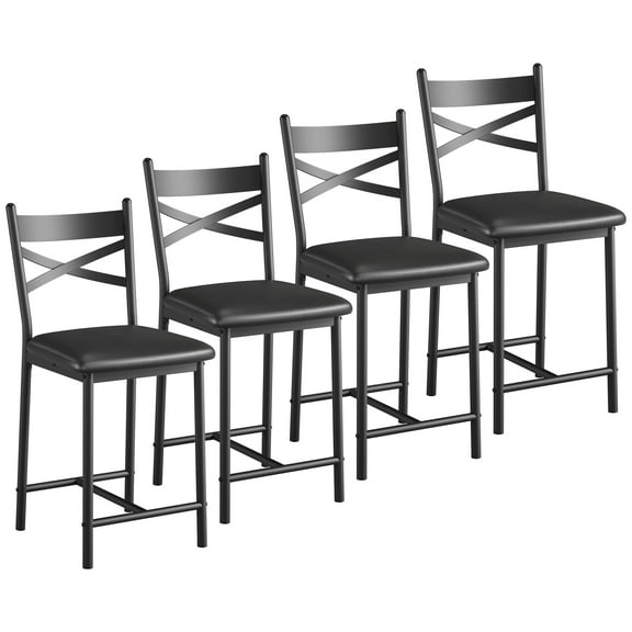 Bar Stools Set of 4, Counter Height Bar Stools with PU Upholstered Seat, Metal Frame Kitchen Bar Chairs with X-Design Back and Footrest for Kitchen Island, Counter Bar, Dining Room