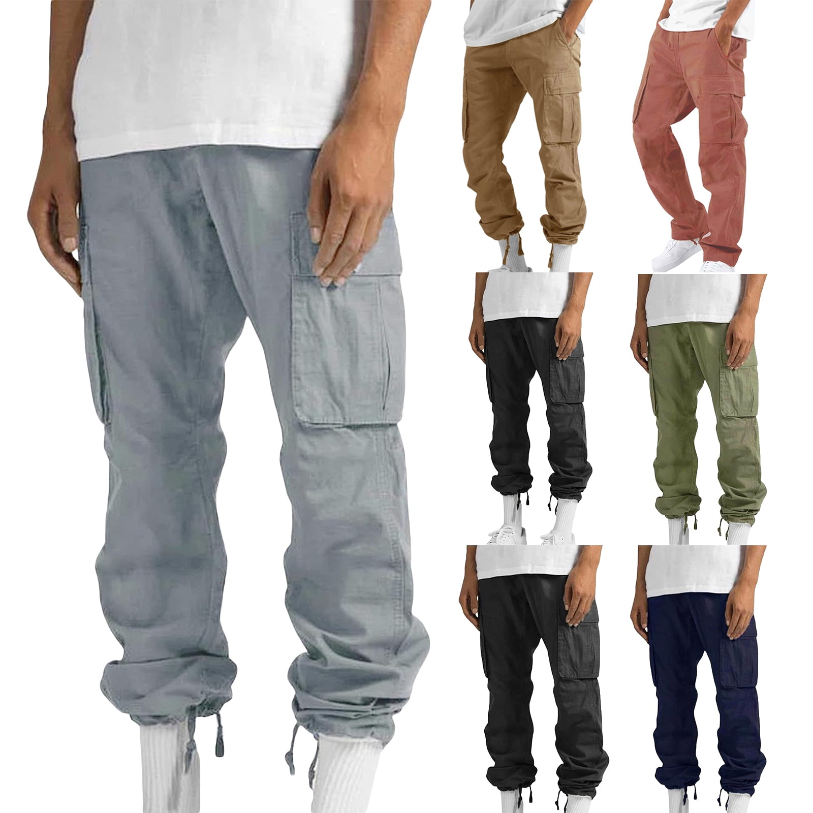 Men Cargo Pants with Pockets Solid Color Elastic Jogger Sweatpants ...