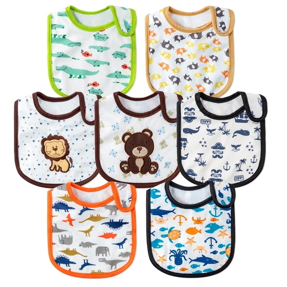 2ooya 7 Pack Polyester Cotton PVC Baby Bib, Adjustable Snap, Infant Toddler