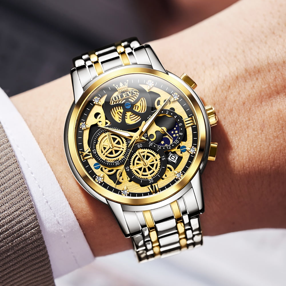 OLEVS Watches for Men Business Dress Luxury Analog Quartz Chronograph Two Tone Gold Plated Stainless Steel Waterproof Luminous Date Casual Mens Wrist Watches Reloj Para Hombre
