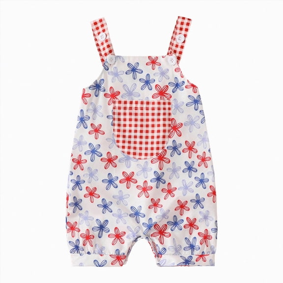 mgoYE Newborn 4th Of July Baby Boy Girl Outfit Stars/Flower Print Romper Jumpsuit Pocket Overalls 3 6 9 12 18 Months Size 6-9 Months