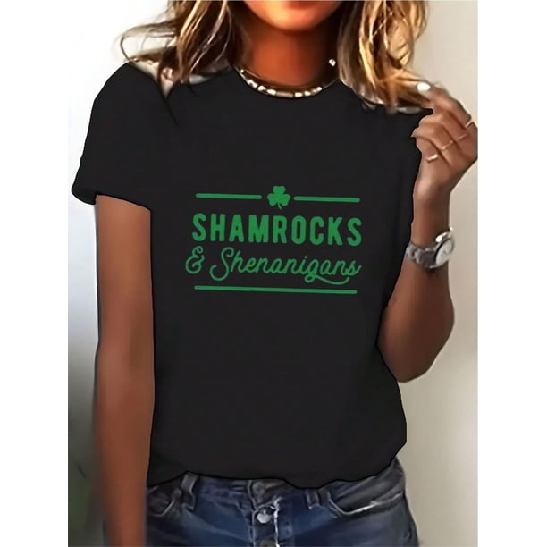 St. Patrick'S Day Shamrock Letters Casual Shirt Cotton Crew Neck Slight Stretch Perfect For Summer - Soft Breathable Casual Wear For Women