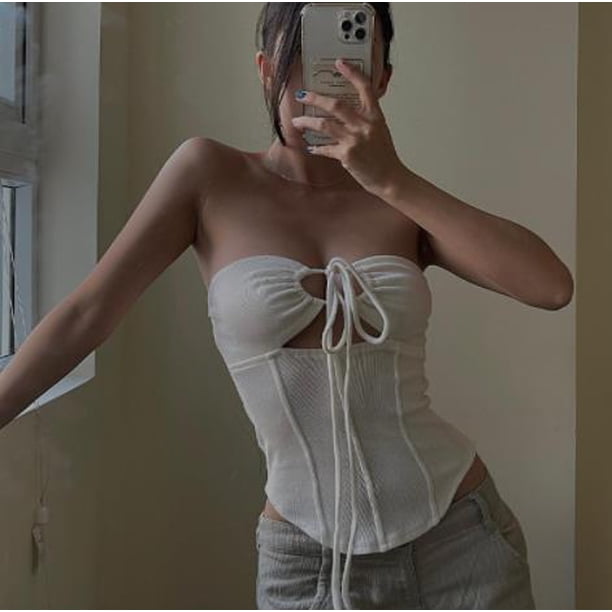 VISgogo Mujeres Casual Tank Tops, Color sólido Sin Mangas Sin Espalda Slim-Fit Hollow-Out Cordón Halter Crop Tops VISgogo moda