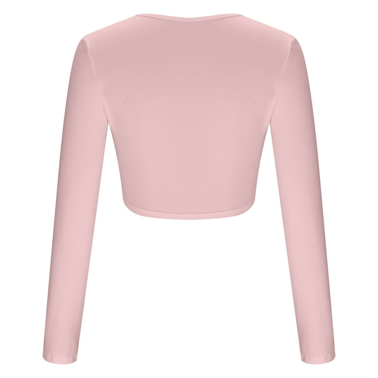 RYRJJ Women's Deep V Neck Long Sleeve Crop Tops O-Ring Front Tee Shirt Y2K  Casual Slim Fit Going Out Tight Cropped T-Shirts(Pink,S)