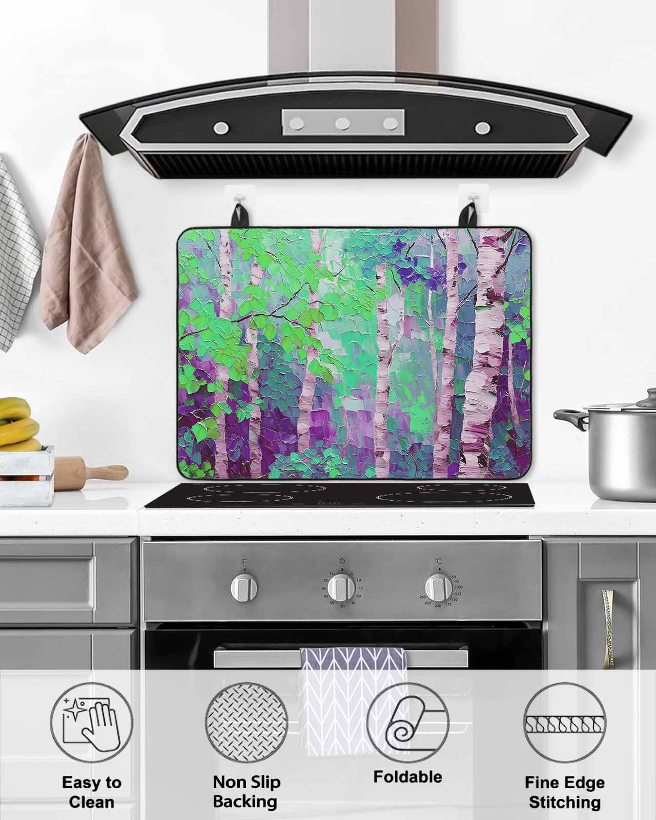 nqOlkjepod Large Induction Cooktop Protector Mat 36"x21", Modern Oil Painting Stove Top Covers for Electric Stove, Summer Botanical Purple Green Stove Burner Cover Mats, Glass Top Stove Cover