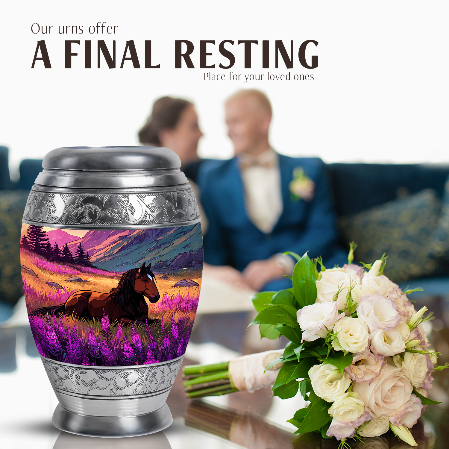 JAGASY Horse Memorial Large Urn for Ashes Adult Male, Dark Blue Urns for Human Ashes for Women, Purple Flowers Decorative Urns for Mother, Mountain Cremation Urn for Father, (10 Inch)