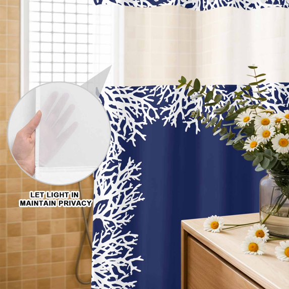 No Hook Shower Curtain with Built-in Rings - Nautical Coastal Washable Waterproof Fabric Bathroom Curtains for Hotel,Rentals, 72 X 72 Inch Long , Ocean Coral Texture Midnight Blue White