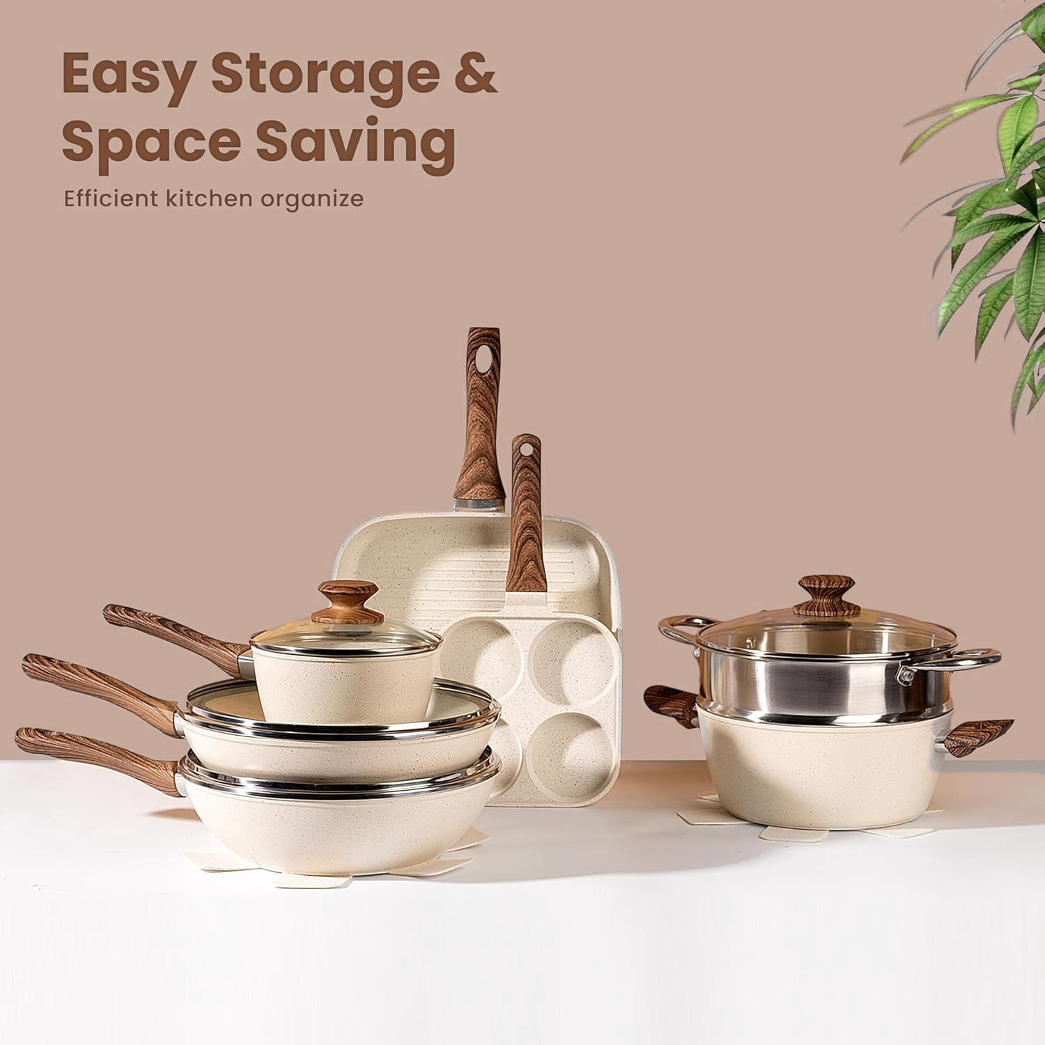 17pcs Pots and Pans Set, Nonstick and Non-Toxic Cookware Set with Stay-Cool Handles, Induction Compatible, Oven Safe, White