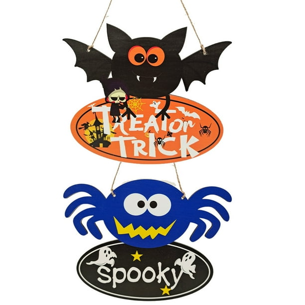 2pcs Halloween Sign Wood Door Decoration Halloween Bat + Pumpkin + Spider Wall Porch Hanging Decor Levamdar CPB-SSW773-1