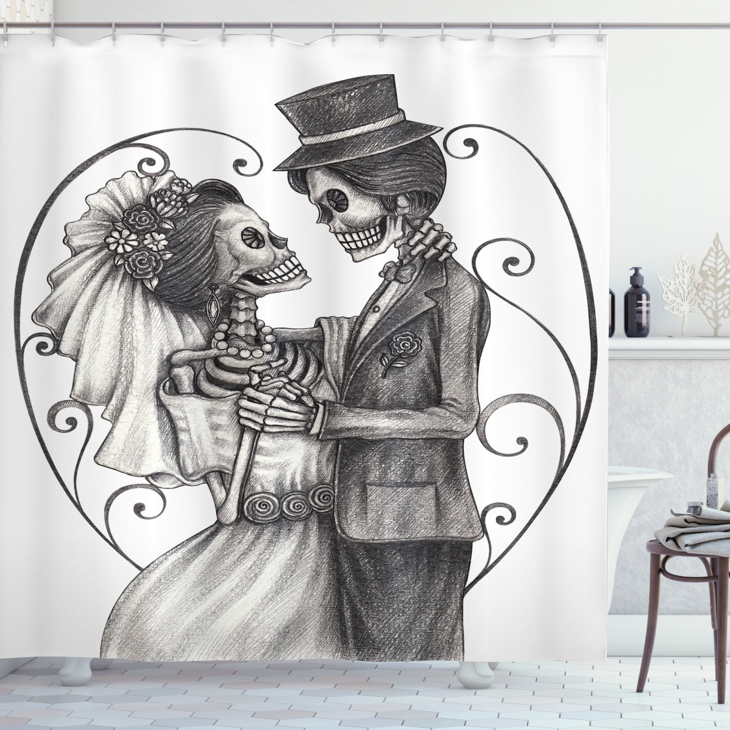 Waterproof Fabric Shower Curtain Set Skull Art Wedding Day of the Dead 71X71" 