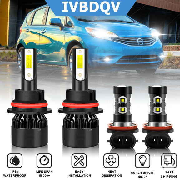 For Nissan Versa Note 2014-2018 LED Headlights Combo 9007 High/Low Beam   H11 Fog Light Conversion Kit 4Pcs Bright White Bulb