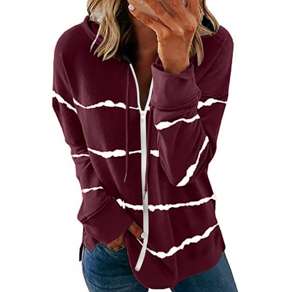 Gyouwnll sweatshirt forwomen Womens Hoodie Striped Full Zip Long Sleeve Lightweight Sweatshirts Jacket Coat Wine