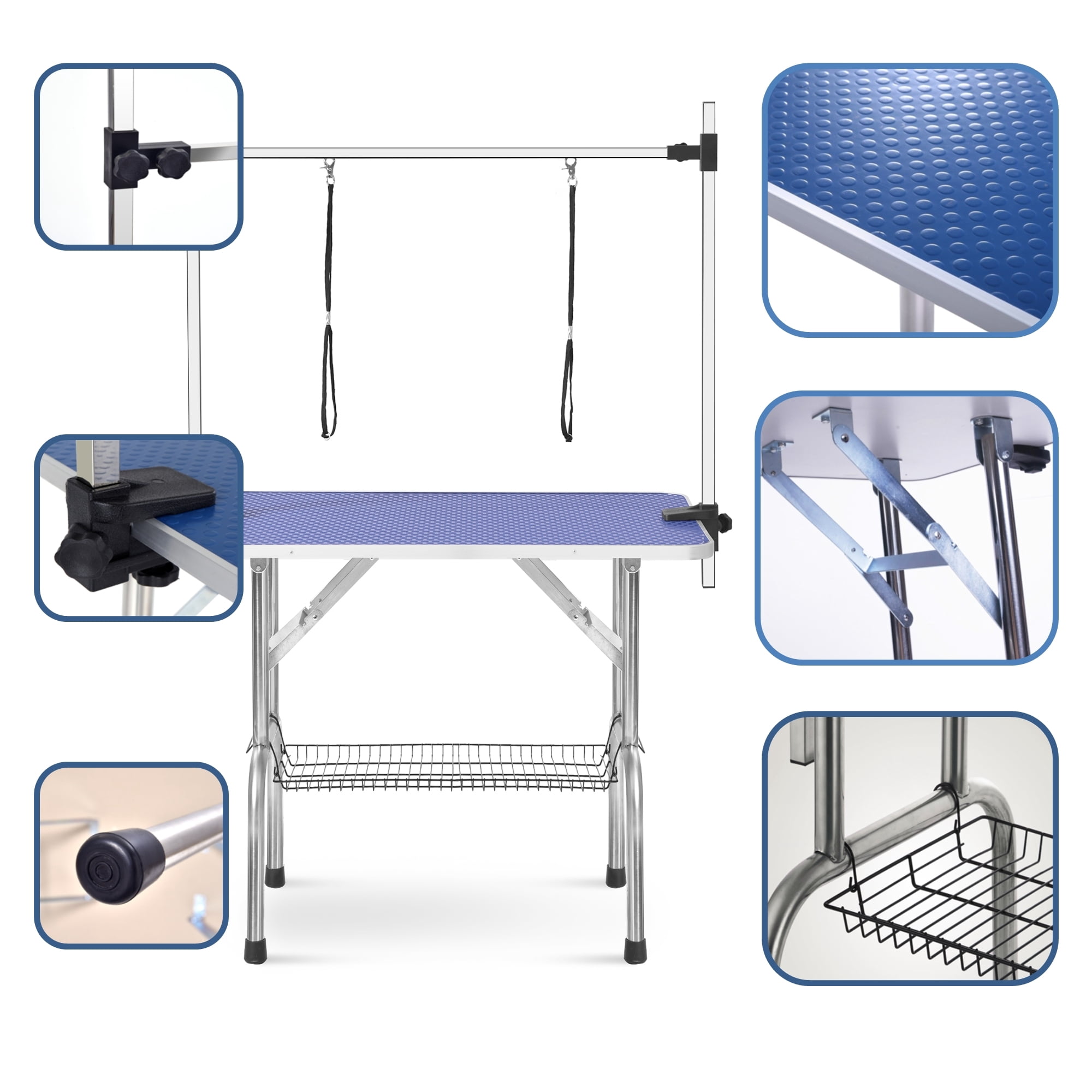 Leumius 36" Folding Pet Grooming Table with Adjustable Arm and Clamps Stainless Steel Frame for Dog and Cat Blue 1