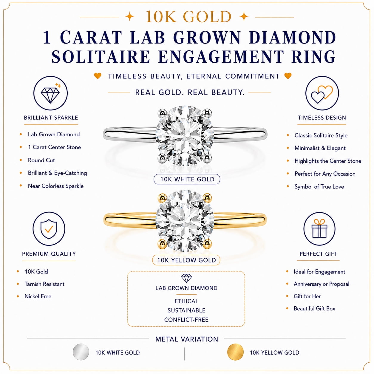 JeenMata Lab Grown Diamond 1 Carat Round Cut Solitaire Engagement Ring in Real Solid 10K Yellow Gold for Women, Gift for Her, Female, Girlfriend