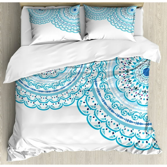 Mandala Duvet Cover Set, Wedding Invitation Card Theme Lace Mandala and Place for Text Art Print, Decorative 3 Piece Bedding Set with 2 Pillow Shams, Queen Size, Sky Blue Pale Blue, by Ambesonne