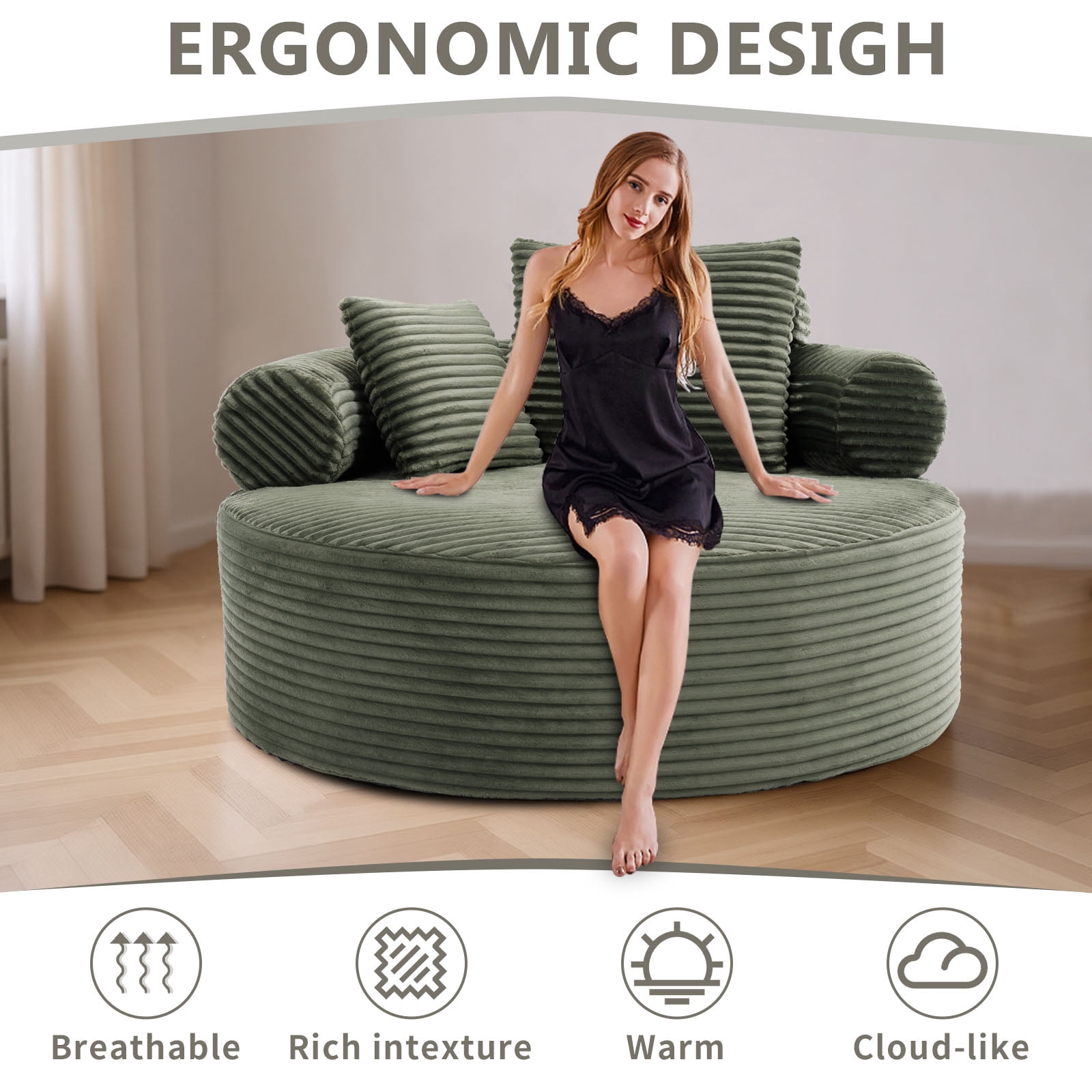 Miniyam 55.5" W Round Oversized Chaise Lounge Indoor with Memory Foam for Living Room, Cloud Couch with 3 Pillows, Green