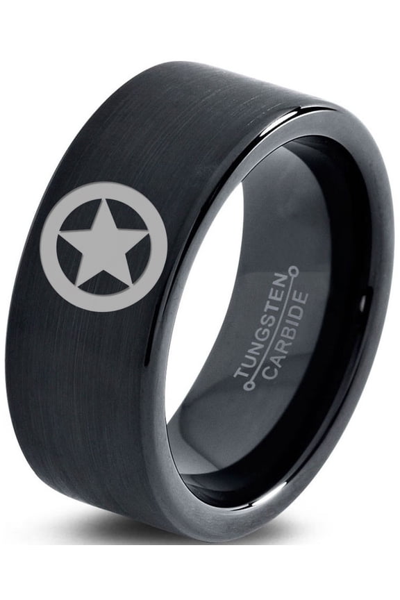 Tungsten Astronomical Star Circle Emblem Band Ring 9mm Men Women Comfort Fit Black Flat Cut Brushed Polished