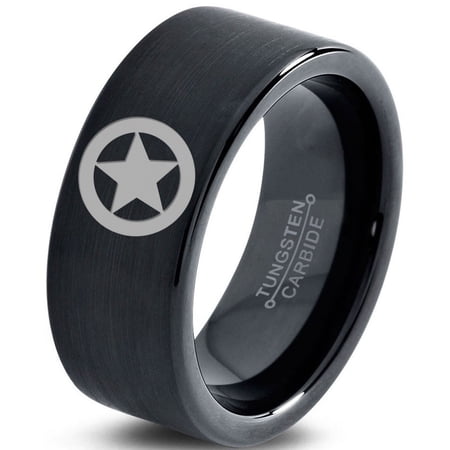 Tungsten Astronomical Star Circle Emblem Band Ring 9mm Men Women Comfort Fit Black Flat Cut Brushed Polished