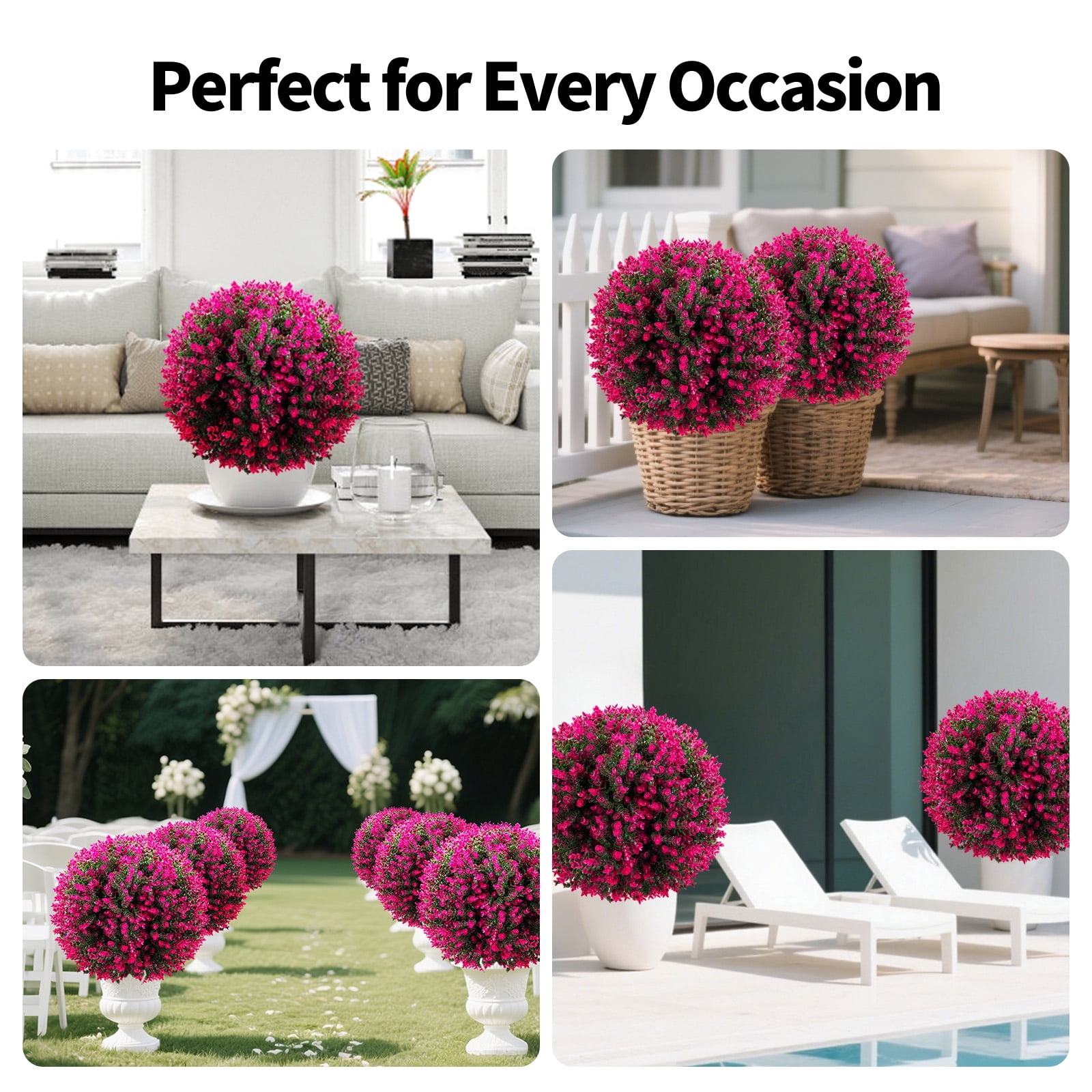 Yonopro Set of 2 Artificial Boxwood Topiary Ball Trees with Pink Flowers for Outdoor with Ground Spike 26", UV Resistant Faux Greenery Shrubs, Fake Plants for Garden, Yard, Porch, Patio Decor