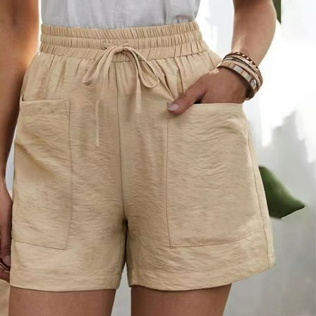 

Aueoeo Shorts for Women Summer Women Casual Shorts Plain Solid Color Elastic Waist Drawstring Pockets Summer Beach Lightweight Short Lounge Pants