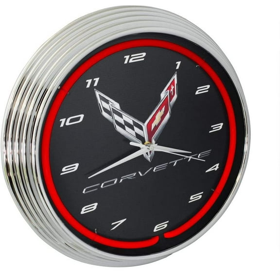 C8 Corvette Clock - 15" Neon Wall Clock with C8 Crossed Flags Logo