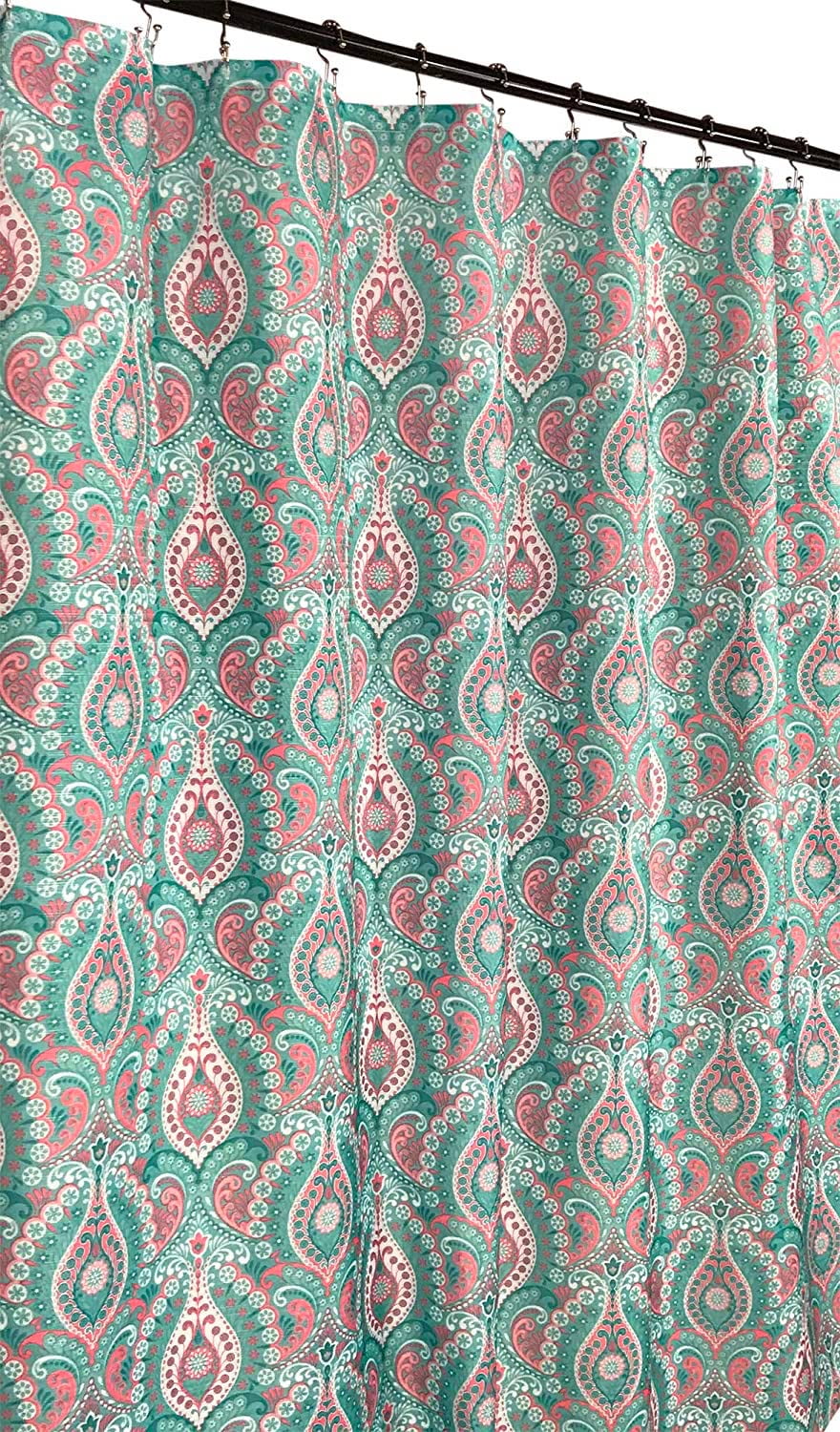 Teal Coral White Fabric Shower Curtain for Bathroom Floral Damask Design