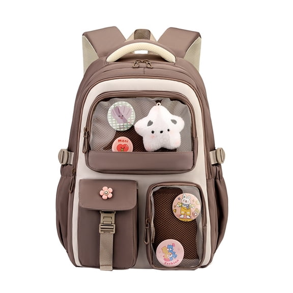 FUZHIQ School Backpack with Clear Display Window for 4th 5th 6th 7th Grade, Multi Compartment Bookbag with Plush Star Charm, Casual Elementary Middle School Bag, Brown