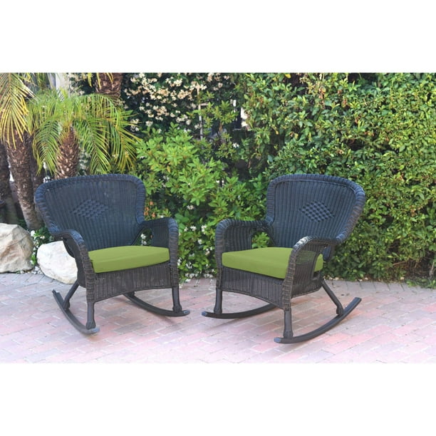 Set of 2 Black Resin Wicker Rocker Chairs with Green Cushions - Walmart.com