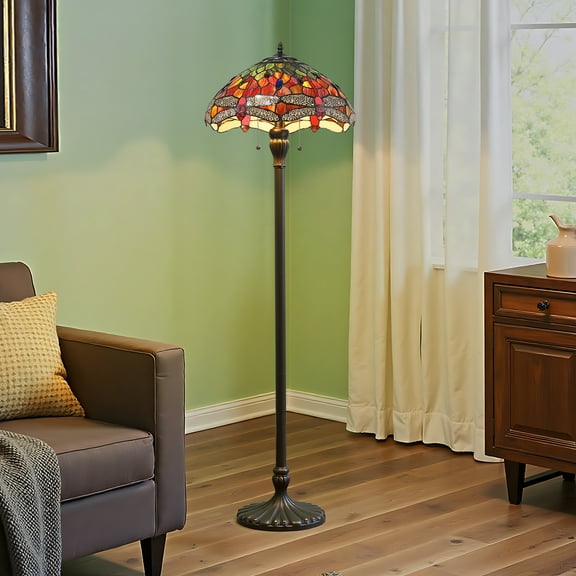 Tiffany Style Floor Lamp, 58'' Tall Handmade Stained Glass Lamp, Luxury Dragonfly Standing Lamp With Pull Chains For Living Room Bedroom Antique Room Decor(No Bulb Included)