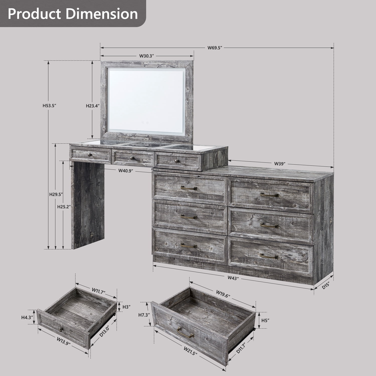 Farmhouse Vanity Desk with Glass Top, Corner Makeup Vanity Set with 30" HD Led Mirror and 3 Color Available Lights, 9 Storage Drawers, Wood Vanity Table for Bedroom