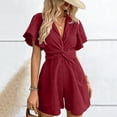 thumbnail image 2 of ZHYou Short Sleeve Jumpsuits for Women Cotton Flowy Loose V Neck Lightweight Casual Summer Short Rompers,Wine,Size XL, 2 of 6