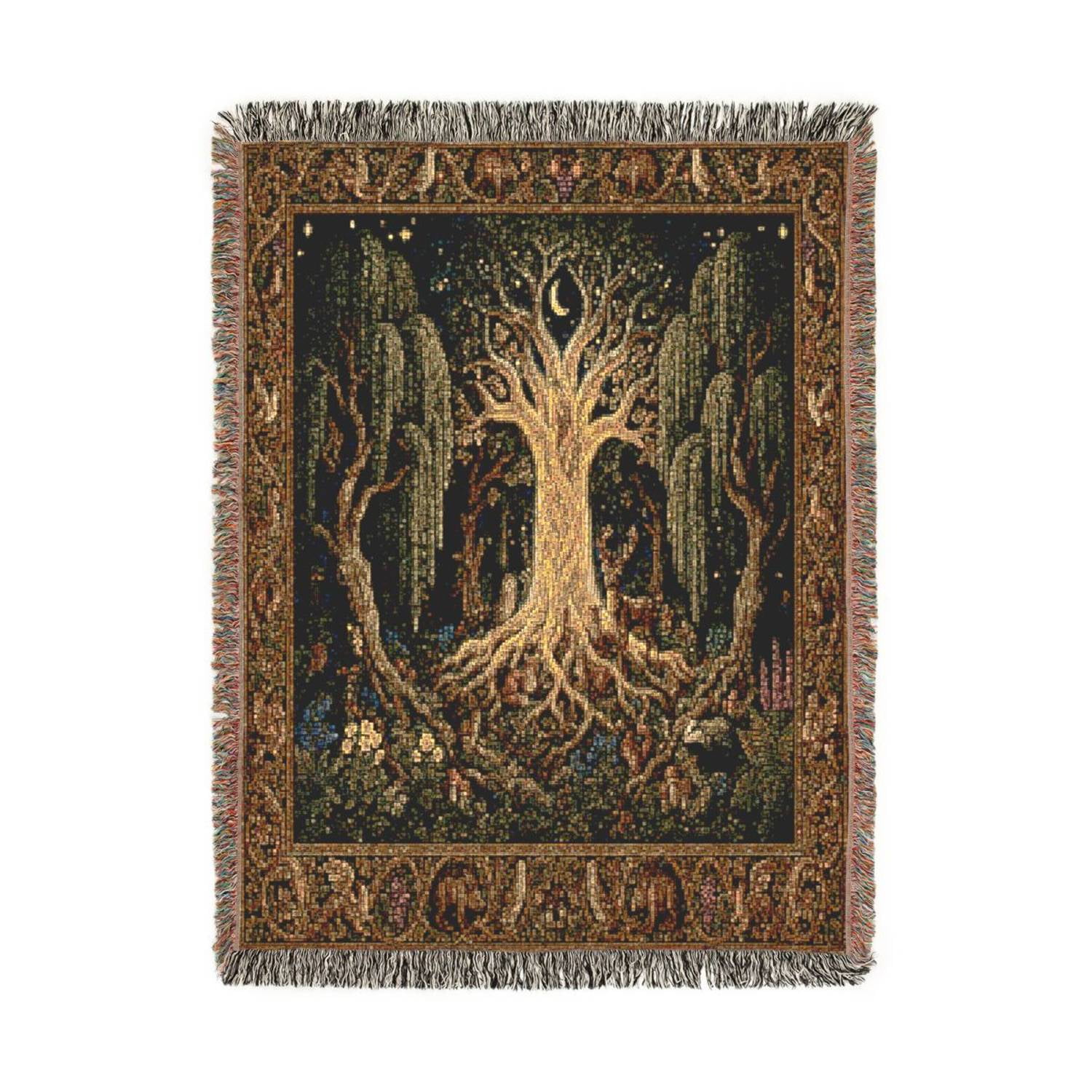 Enchanted Tree of Life Forest Green and Gold Woven Blanket 100% Cotton Fantasy Woodland Home Decor
