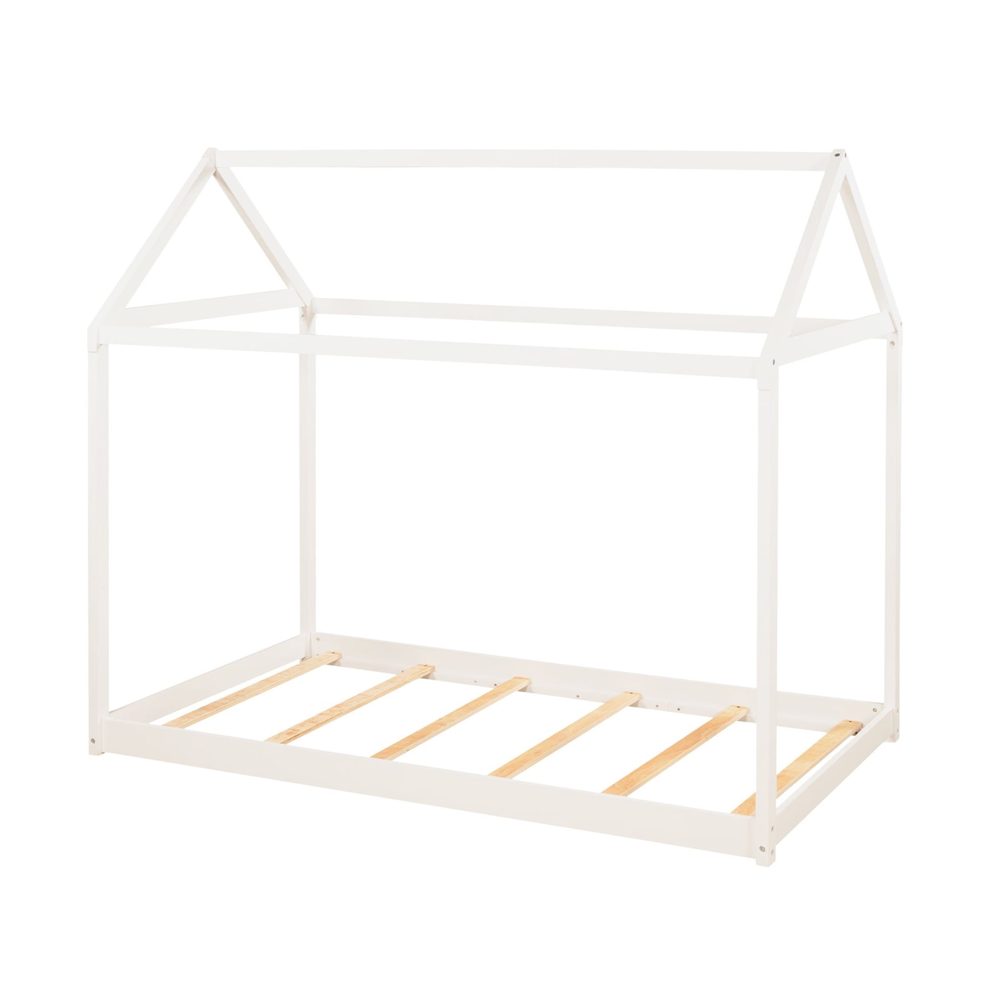 Gewnee Wood Twin Size Kids House Bed Frame,Montessori Floor Bed for Toddler,White