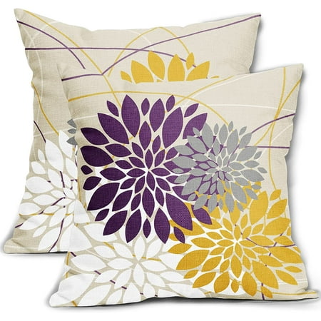 

Purple Yellow Pillow Covers 16x16 inch Dahlia Flower White Gray Elegant Colored Throw Pillows Farmhouse Outdoor Decor for Home Sofa Couch Bed Modern Floral Linen Square Cushion Case Set of 2