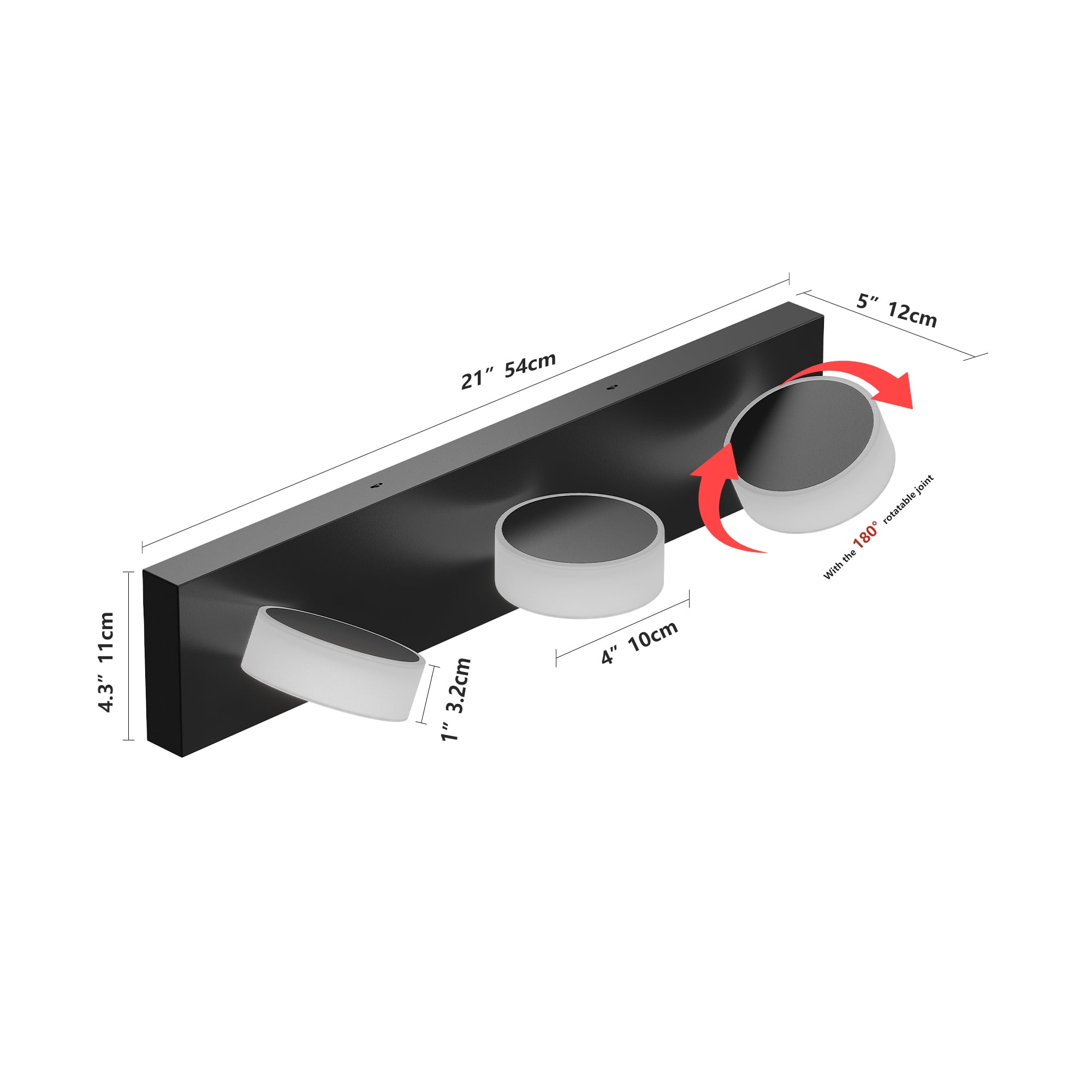 Jopath 21" 3-Light Bathroom Vanity Light, Modern Dimmable LED Round Acrylic Wall Mount Lighting Fixture for Bathroom Vanity Mirror Black