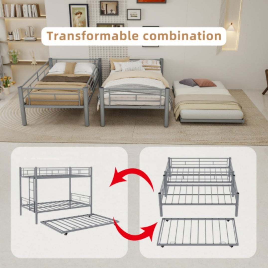 Twin Triple Bunk Bed, 3-in-1 Convertible Metal Bunk Bed Frame, Space-Saving Design with Guardrails & Ladder, Heavy-Duty Iron, Black