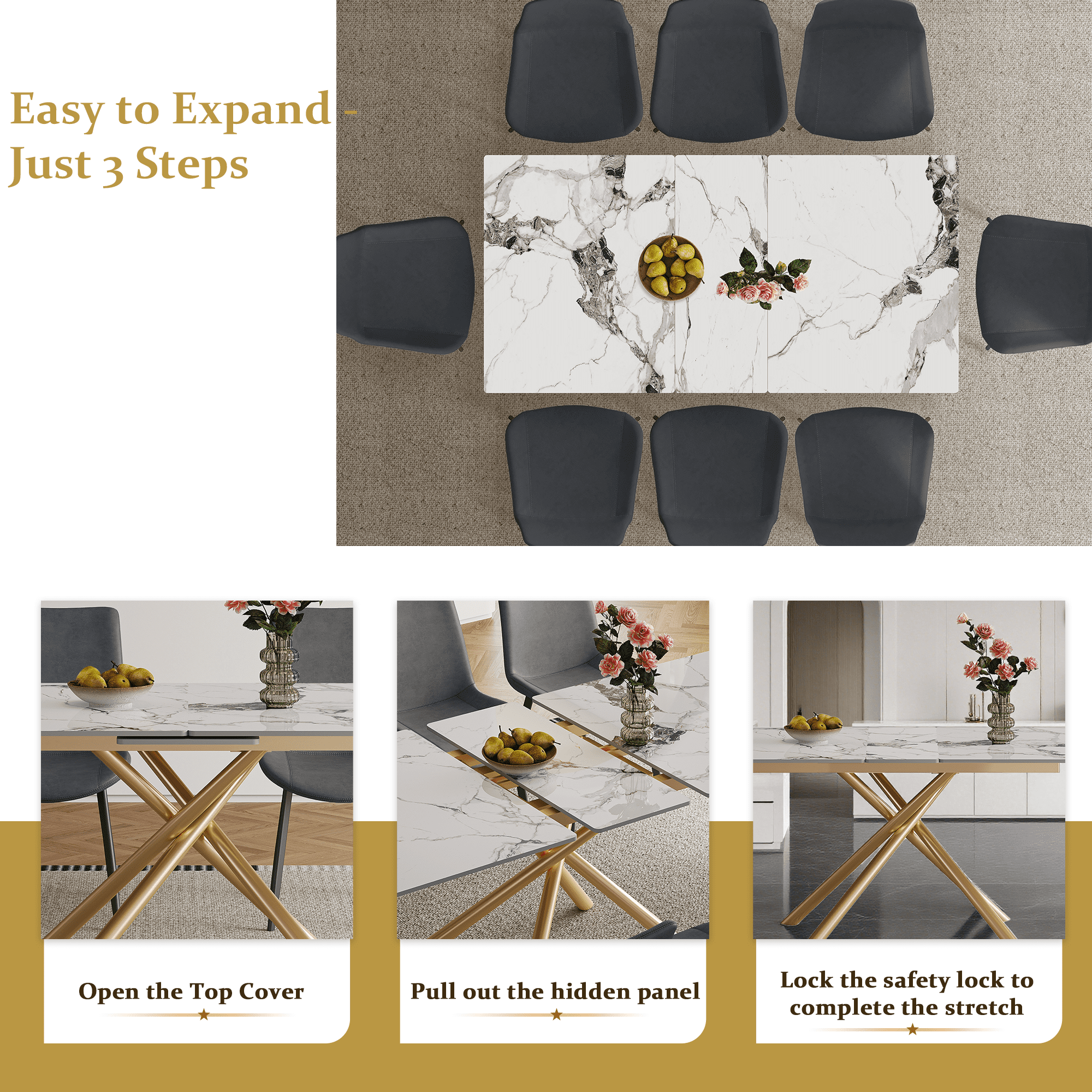 Montary 59-inch Modern Rectangle Expandable Dining Table with Retractable Leaf, Sintered Stone Top & Golden Carbon Steel X-Base, Dining Table Set with 4 Gray PU Chairs for Apartments, Kitchen
