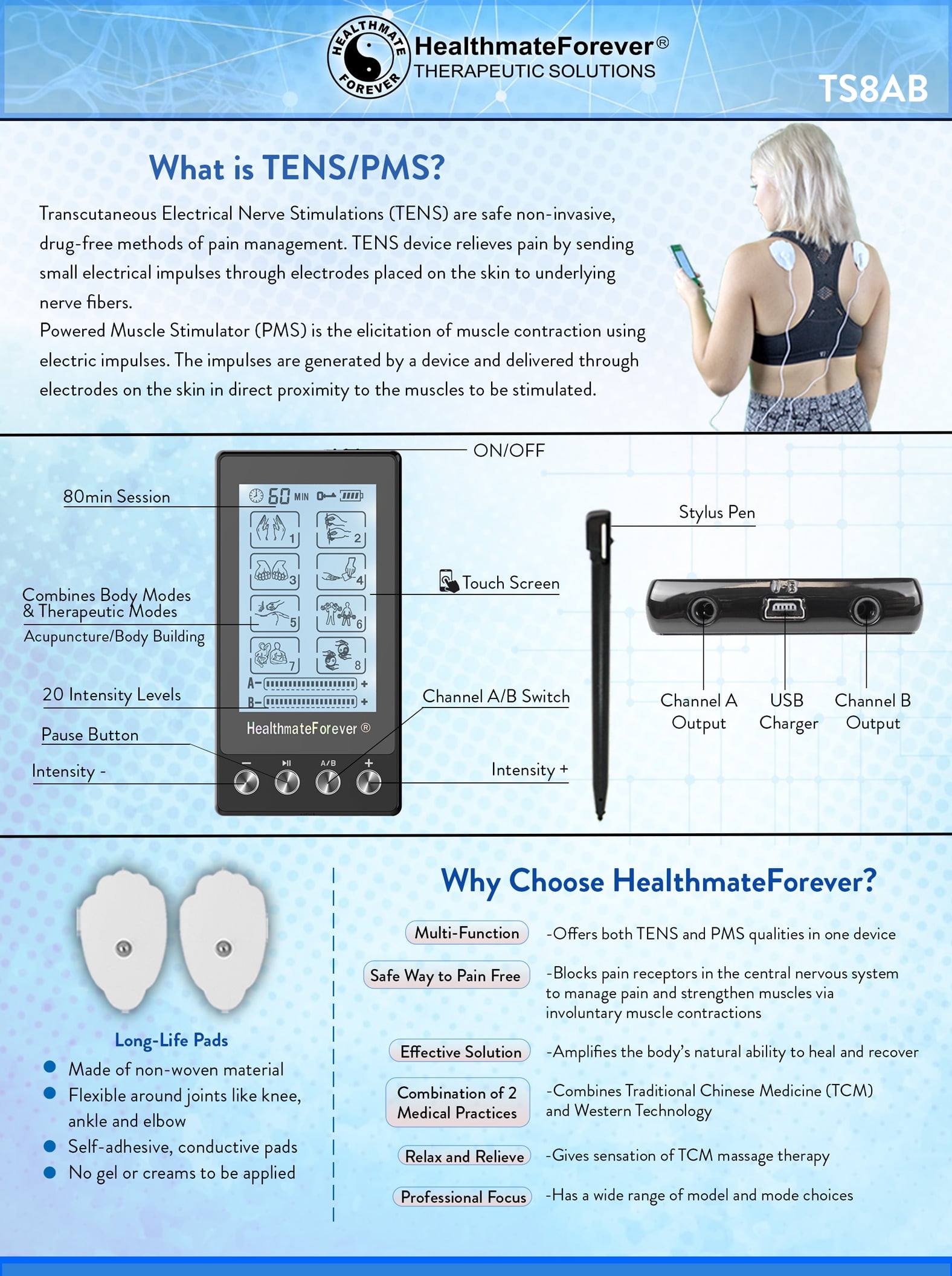 HealthmateForever TS8AB Touch Screen TENS Unit & Muscle Stimulator (Black)  